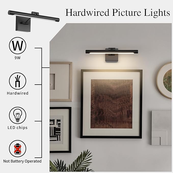 Joosenhouse LED Picture Light Fixtures 16.53" Inches Long Modern Black Wall Lamps with Rotatable Lighting Tube Picture Frame Lights for Paintings 7W(50W Eqv.) Hardwired Connection 3000K