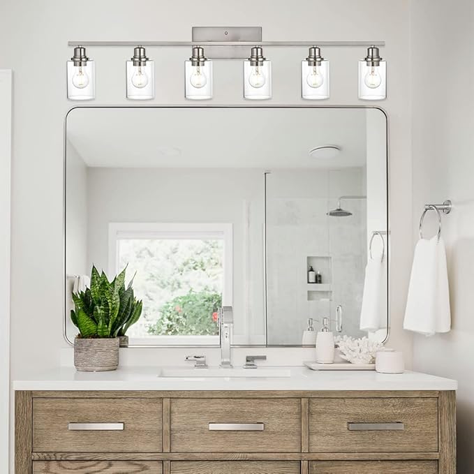 VINLUZ 6 Light Bathroom Lighting Fixture in Brushed Nickel Finish,Classic Metal Wall Mounted Lamp Over Mirror with Clear Glass Shade Industrial Vanity Light