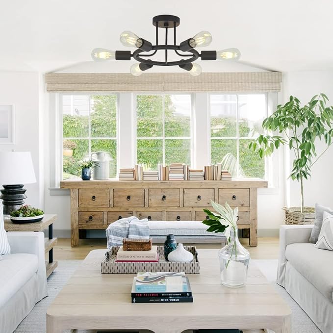 6 Lights Sputnik Chandelier Light Fixtures Modern Chandelier Lighting Black Semi Flush Mount Ceiling Light Industrial Starburst Style Ceiling Lamp for Kitchen Dining Room Foyer Hallway by BONLICHT