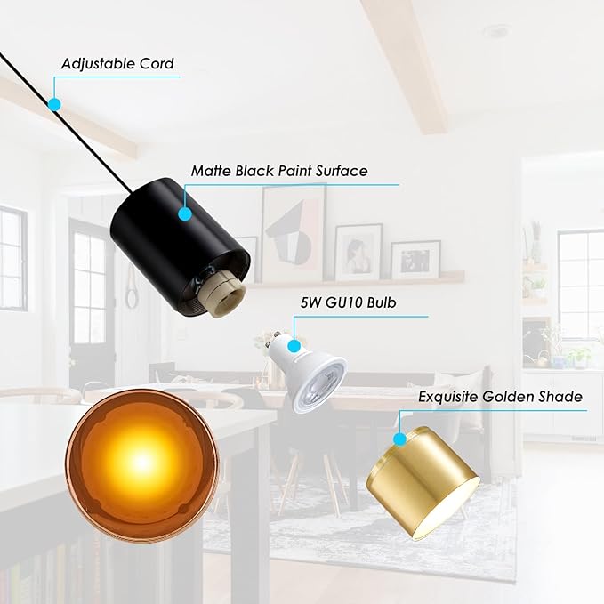Black and Gold Pendant Light 2 Pack - Modern Pendant Lights Kitchen Island with GU10 Bulbs, Minimalist Hanging Light for Dining Room Bedroom Bar, 5W 4000K