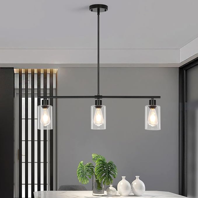Kitchen Island Lighting, 3-Light Black Island Lights for Dining Room Light Fixture Over Table, Modern Linear Chandelier with Clear Glass Shade, 31" Farmhouse Hanging Pendant Light Fixtures for Kitchen
