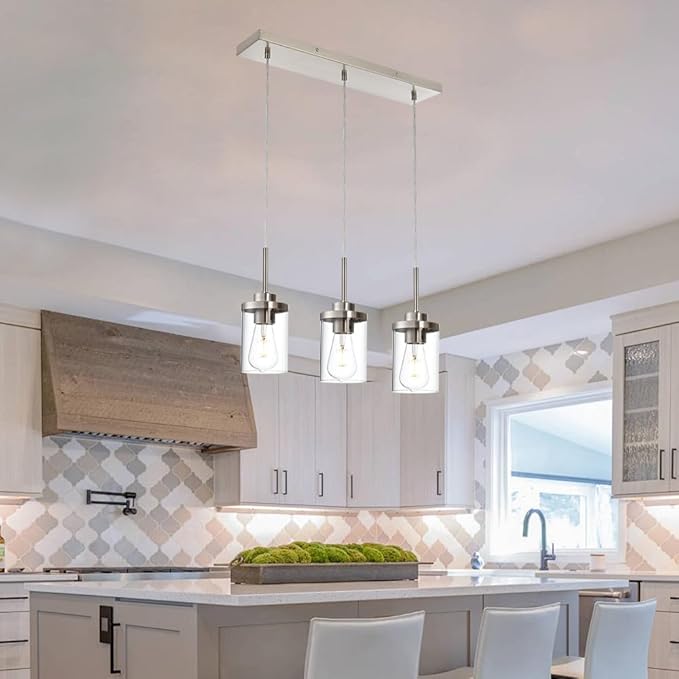 Pendant Lights Fixtures with Clear Glass Shade Brushed Nickel Island Light fixtures 3-Lights Hanging Lighting for Kitchen Island Dining Room