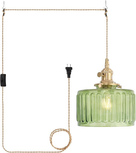 Shenmoyl Plug in Pendant Light Hanging Light Fixtures with Plugin Cord On/Off Switch,Green Striped Glass Lampshade Brass Pendant Light
