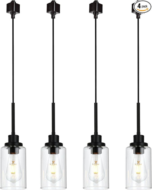 MELUCEE 4 Pack H Type Track Pendant Lighting Black Ceiling Track Hanging Light Fixtures Pendant with Clear Glass Shades, Compatible with H Type Track Lighting Rail, E26 Socket