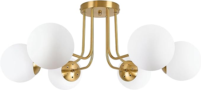 KoKo&Yukina 6-Light Mid Century Ceiling Light Modern Semi Flush Mount Ceiling Light Fixture Globe Ceiling Light with Milk Glass Shade Brushed Brass Finish for Bedroom Hallway Dining Room Living Room