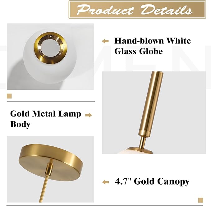 KCO Lighting Modern Globe Pendant Lights Kitchen Island Lighting White and Gold Pendant Light Single Pendant Lighting Frosted Glass Hanging Light Brass Vintage Ceiling Light Fixture