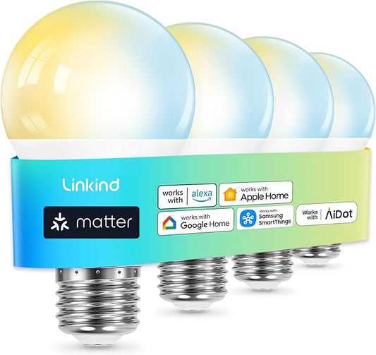 Linkind Matter Smart Light Bulb, Soft White to Daylight Tunable Alexa Light Bulbs, Smart Bulbs Work with Apple Home, Alexa, Google Home, SmartThings, 2.4GHz Wi-Fi LED, A19 E26, 800LM, 60W (4-Pack)