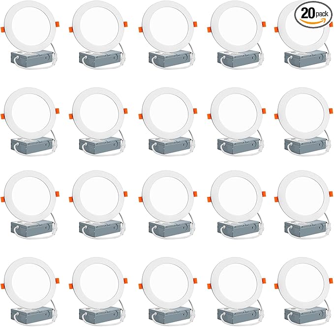 6 Inch Ultra-Thin LED Recessed Ceiling Light with Junction Box, 6500K Daylight, led recessed Light 12W 110W Eqv, LED Can-Killer Downlight, 1050LM High Brightness for Bedroom(6500K, 20Pack)