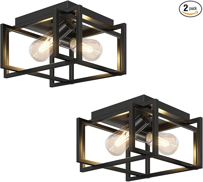 2-Pack Modern Black Metal Rectangle Close to Ceiling Light Fixtures, 2x E26 Bulb Compatible, Dimmable, 11.3" L x 31.1" W x 6.2" H, Ideal for Living Room, Bedroom, Kitchen