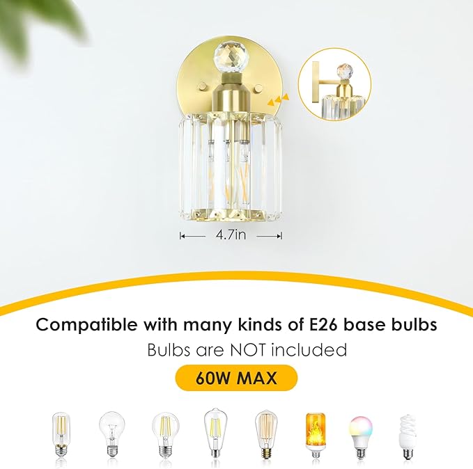 1-Light Gold Bathroom Light Fixtures,Modern Bathroom Vanity Lights Fixture with Clear Crystal Glass Shade,Gold Bath Wall Mount Lights, Light Fixtures for Bedroom Living Room