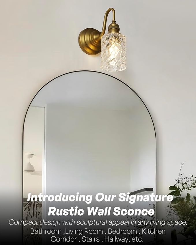 Vintage Wall Sconce Brass Gold Bathroom Vanity Light with Clear Ripple Glass Shade Indoor Hardwire Wall Mounted Lamp Light for Bathroom Mirror Living Room Bedroom Kitchen