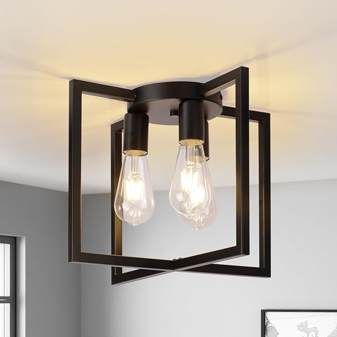 Farmhouse Industrial Ceiling Light Fixture Flush Mount, Black 3-Light Lighting, Modern Rustic Flush Mount Ceiling Lamp for Kitchen, Living Room, Bedroom, Dining Room, Hallway, Entryway, Foyer