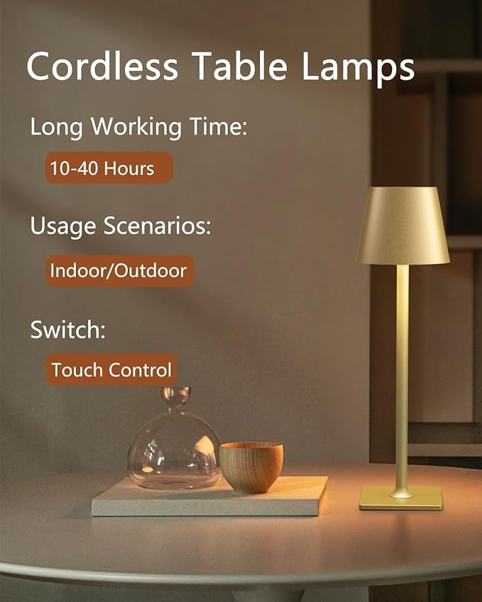Fizrice Cordless Table Lamp, 6000mAh Battery Operated, 250LM Adjustable Brightness IP65 Height Adjustable - Set of 2 Gold Wireless Lamps for Restaurant Patio Bedside Outdoor Cafe & Home Decor