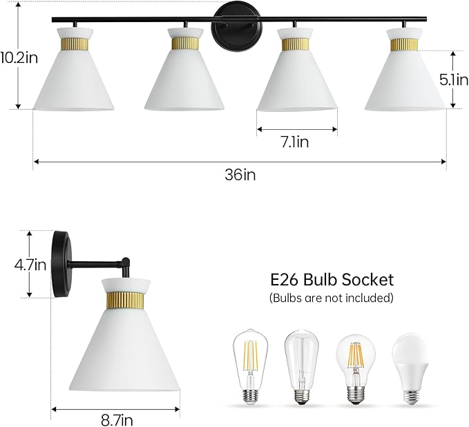 WOSHITU Bathroom Vanity Light Fixtures: 4-Light Mid Century Modern Vanity Lights for Bathroom Over Mirror, Black and Gold Wall Sconce Lighting with Frosted Milky Glass for Bath Bedroom