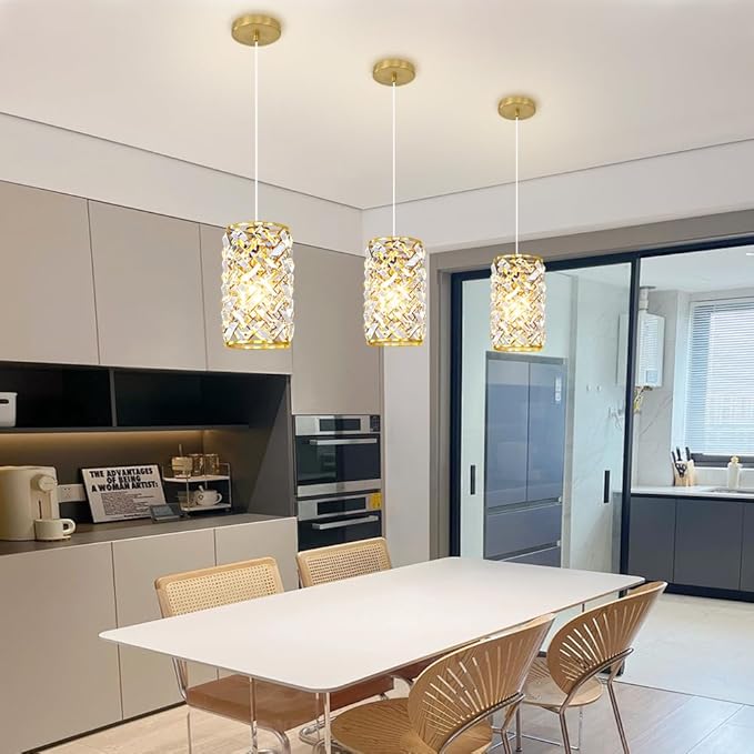 Gold Pendant Lights Kitchen Island, Mini Crystal Modern Kitchen Pendant Lighting Over Sink with 10.2" Clear Glass Shade Chandeliers, Adjustable Pendant Light Fixture for Dinning Room Bedroom Entryway