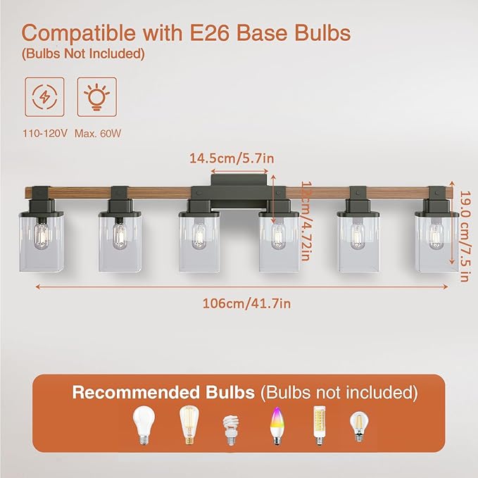 6 Light Bathroom Vanity Light 41 in with Glass Shade, Farmhouse Vanity Light for Bathroom Light fixtures Over Mirror, Square Rustic Brown