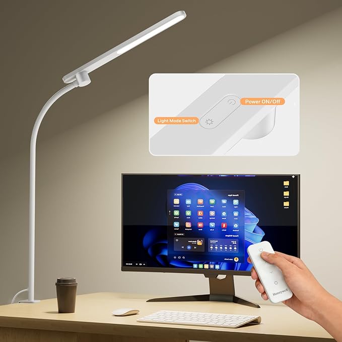 Honeywell HJ2 Sunturalux™ Clamp LED Desk Lamp, CRI≥97 Full-Spectrum Eye-Caring Light, 3 Color Modes & Stepless Dimming, 16" Flexible Gooseneck for Reading, Home Office, Art Creation (White)