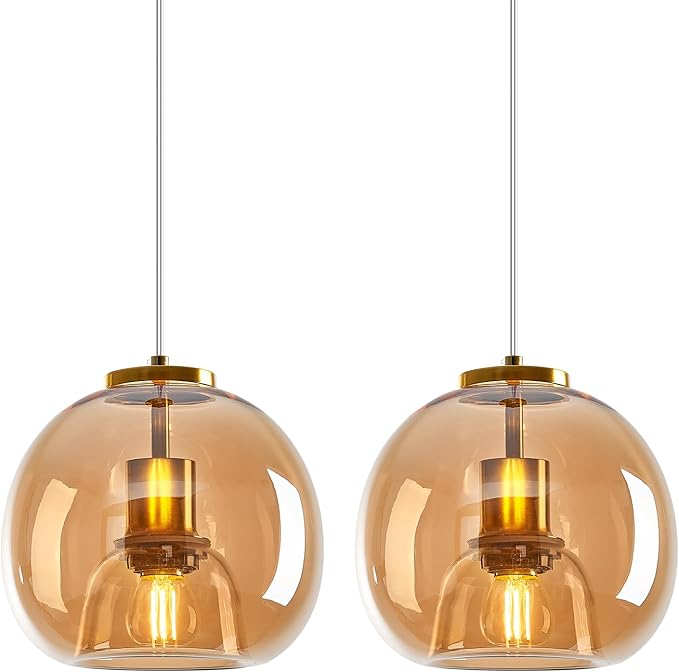 Amber Glass Pendant Lights Kitchen Island Gold Hanging Light Fixture Glass Globe Pendant Light Modern Pendant Lighting for Dining Room Bedroom Kitchen Island (7.87", 2 Pack)