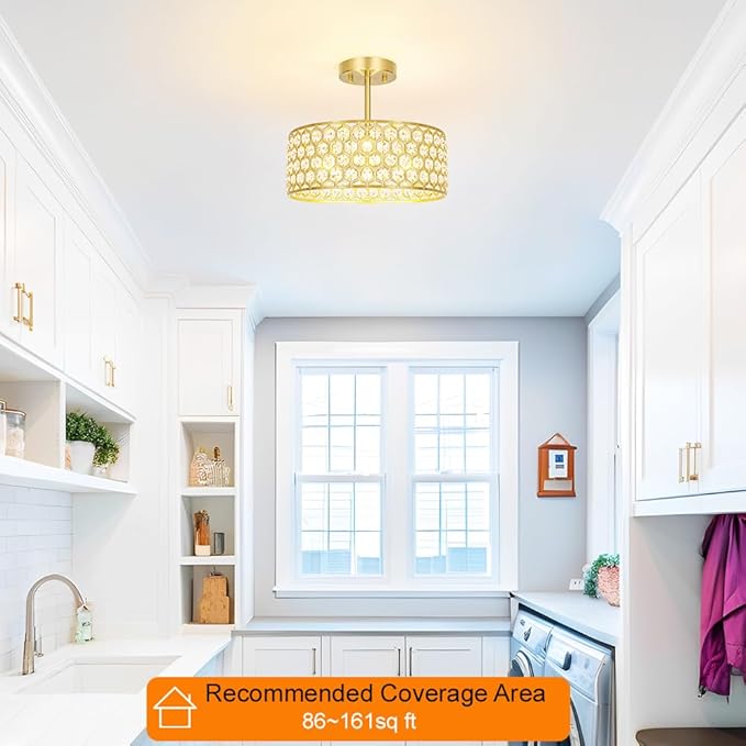Gold Crystal Ceiling Light Fixture - Modern Semi Flush Mount Ceiling Light for Hallway, Kitchen Lighting Fixtures Ceiling, Dazzling Prism Chandelier for Foyer Closet Bedroom, 3 Light, 12 in