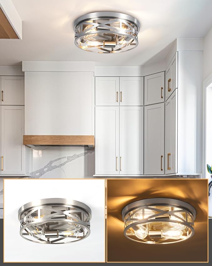 13 Inch Ceiling Light Fixtures, 4-Light Brushed Nickle Flush Mount Ceiling Light, Metal Cage Cross Modern Indoor House Close to Ceiling Lights for Kitchen Bedroom Foyer Hallway Office