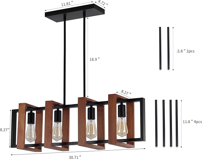 32" Farmhouse Kitchen Island Lighting Adjustable Dining Room Light Fixtures, 4-Light Rustic Wood and Black Metal Rectangular Chandelier Modern Pendant Lighting for Kitchen Island, Cafe