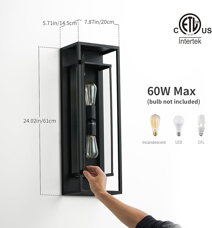 mirrea 24" Classic Outdoor Wall Sconce 2 Lights in Matte Black Rectangular Metal Frame and Clear Glass Shade Waterproof Porch Light Patio Light Pack of 2