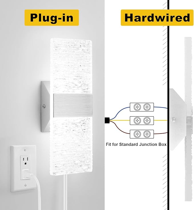 GOODATE Plug in Wall Sconces with Adjustable 3000K-6500K Colors & 10%-100% Brightness, Sconces Wall Decor Set of 2 with Remote Control, 12W Acrylic LED Plug in Wall Light (1 Pack, Corrugated Finish)