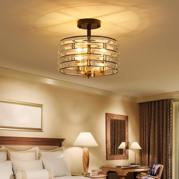 AGV LIGHTING CH015BB Crystal Semi Flush Mount Ceiling Light Fixture, E12 Base 3-Lights, D12 x H 9", Crystal Lamp Shade, Light Gold & Matte Black Finish