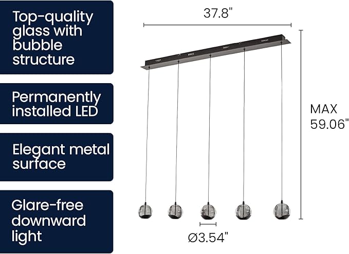 37.8" LED Linear Pendant Light Fixtures, 5-Light Black Linear Chandelier with Bubble Glass Globes, LED 3000K Warm White, Modern Island Lights for Kitchen Living Room Ceiling Hanging, Hardwired