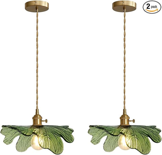 Green Glass Pendant Light Kitchen Flower Ceiling Light Fixture with Leaves Glass Shade, Mid Century Gold Hanging Light for Living Room Bedroom Dining Room, Set of 2