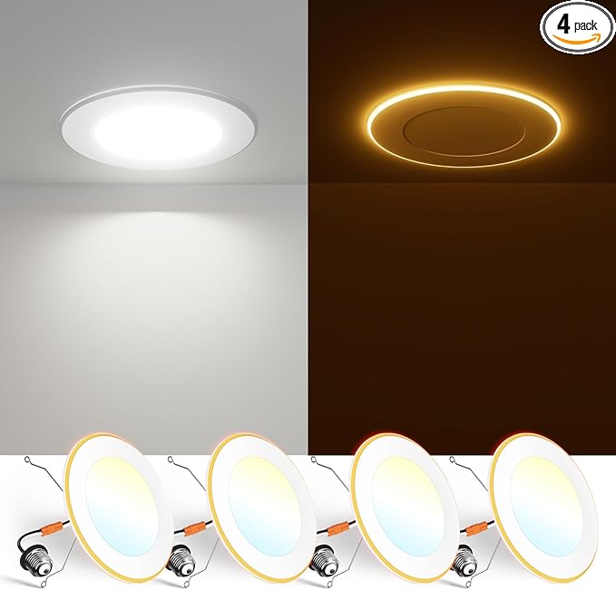 FREELICHT 4 Pack 5/6 Inch 5CCT LED Recessed Can Light with Night Light, 2700K/3000K/4000K/5000K/6000K Selectable Flat Recessed Lighting, 10W=110W, 1000LM, Dimmable Retrofit - ETL & FCC