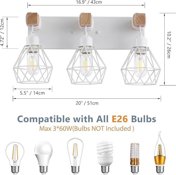 Farmhouse Vanity Light for Bathroom, 3-Light White Wood Bathroom Vanity Light Fixtures Over Mirror, Rustic Sconces Wall Lighting with Metal Lampshade for Living Room, Bedroom, Hallway