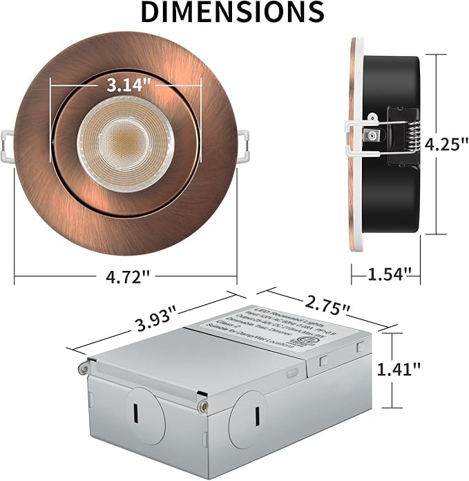 KnLnny Ware Bronze 4 Inch Led Gimbal Recessed Lights 6 Pack, Eyeball Soffit Lights with Junction Box,5CCT Selectable,9W 750LM,Dimmable