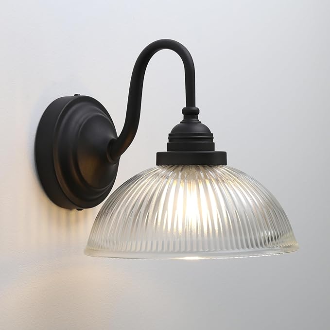 Yosoan Boho Brass Vintage Wall Sconce with Striped Bowl Shade, 1-Light Indoor Hardwired Modern Vanity Industrial Single Wall Mounted Clear Texture Glass for Living Room Kitchen Bedroom(Black)