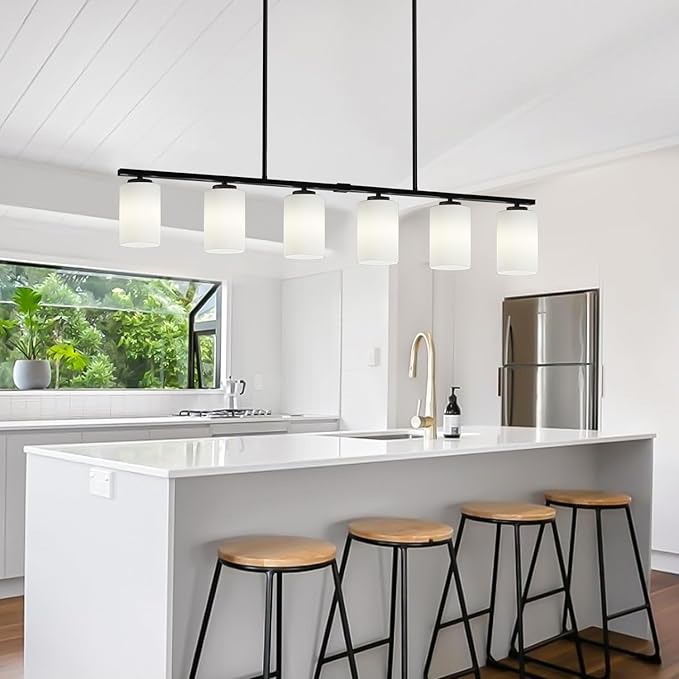 6-Light Modern Island Lights for Kitchen, Black Dining Room Light Fixtures Over Table, Pendant Lighting Over Island Kitchen Hanging Light Fixtures 45.27'' Large Chandeliers with Milky Glass Shades