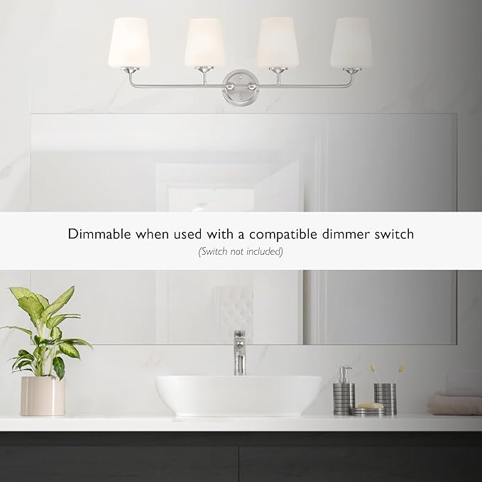 Design House Stasia Vanity Light, 4-Light, Sleek Modern Arms, Frosted Glass Glow, Dimmable, Dual-Mount Option, E26 Socket, Satin Nickel, 33.6 in L x 6.7 in W x 10.9 in H, 589309