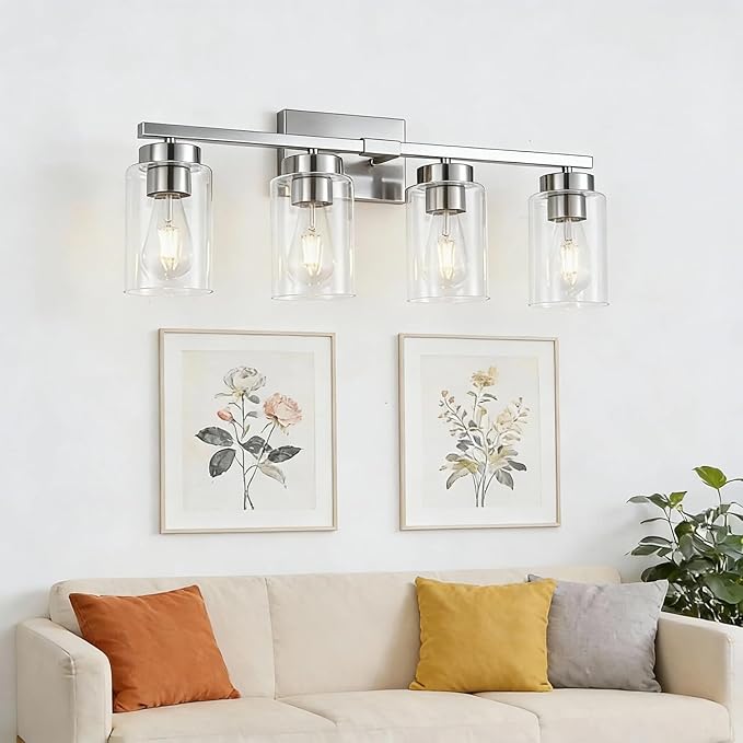4-Light Bathroom Light Fixtures, Nickel Modern Vanity Lights Over Mirror, Bathroom Wall Sconces with Clear Glass Shade for Living Room Bedroom Hallway Cabinet Porch