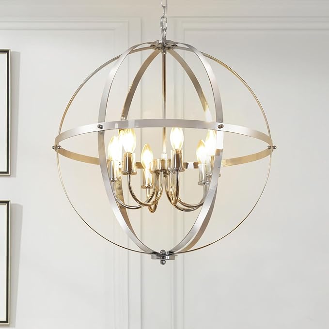 DLLT 6-Light Chrome Globe Pendant Light Fixtures, Industrial Sphere Pendant Lighting Over Island for Dining Room Foyer