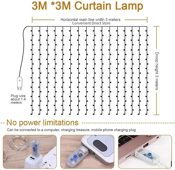 300 LED Warm White Fairy Curtain Lights – 3m USB Plug-in String Lights with Remote Control, 8 Modes for Indoor/Outdoor Use – Perfect for Bedroom, Weddings, Parties, and Holiday Decor (1, White)