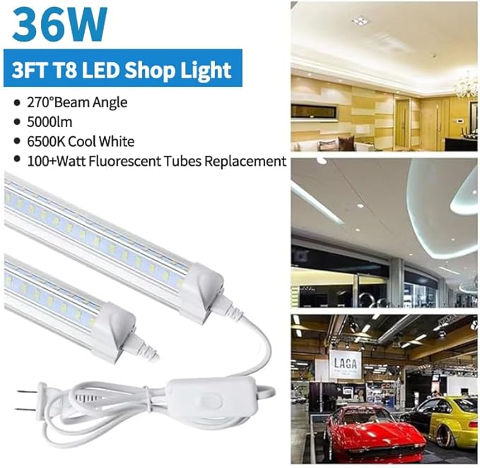 AQIQUUT 3FT Lights 36W 6500K 5000LM Daylight,Foot Led Shop Lights 110V Linkable Clear Cover Integrated V-Shape for Shop Garage Warehouse Workshop Commercial Bay Lighting(2-Pack)
