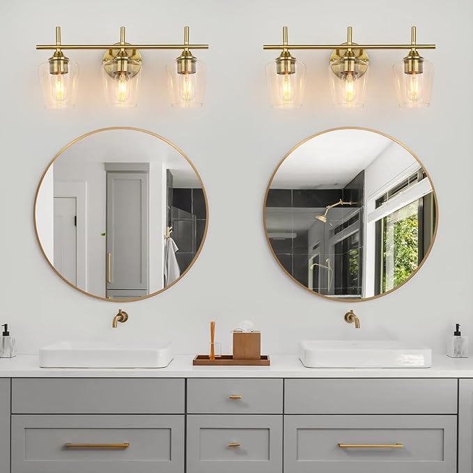 Bathroom Vanity Light Fixtures, 3-Lights Over Mirror Modern Vanity Lighting with Clear Wine Glass Shade Wall Lamp for Bedroom Hallway Living Room (Gold, 3-Light)
