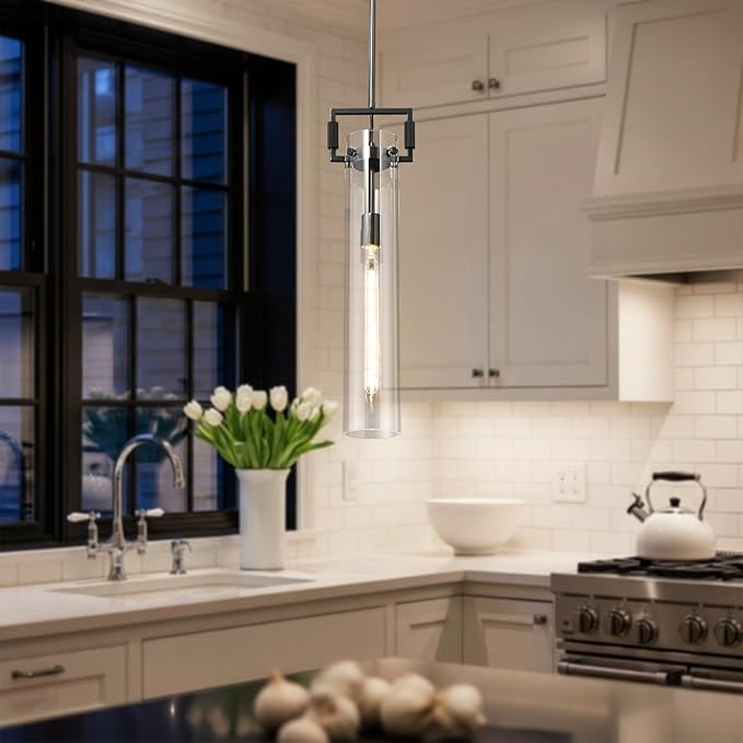 Black Pendant Light Glass for Kitchen Island Set of 2, Adjustable Hanging Chandelier with Glass Shade Modern Pendant Light Fixture for Farmhouse, Dining Room,Bedroom,E26 Bulb Included