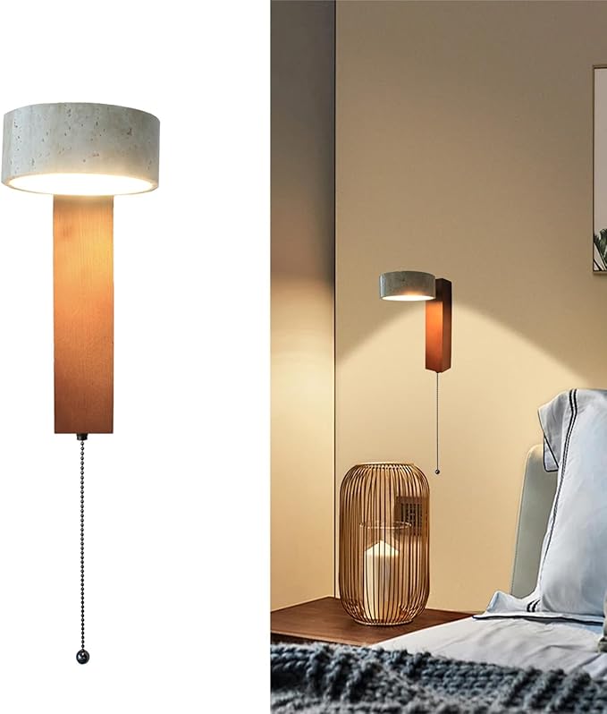 LED Wood Wall Sconce with Pull Chain Switch, Black Walnut Base with Rotatable Yellow Travertine Stone Lampshade, Built-in LED Light, Modern Rustic Bedside Wall Light for Bedroom, Living Room, Hallway
