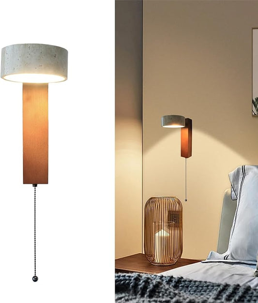 LED Wood Wall Sconce with Pull Chain Switch, Black Walnut Base with Rotatable Yellow Travertine Stone Lampshade, Built-in LED Light, Modern Rustic Bedside Wall Light for Bedroom, Living Room, Hallway