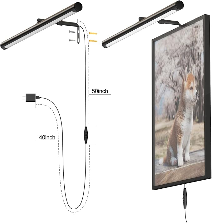 9W Picture Light Plug in, 24" Adjustable LED Art Light with Remote Control, Dimmable Wall Light for Picture Display Dartboard Art Work (Black)