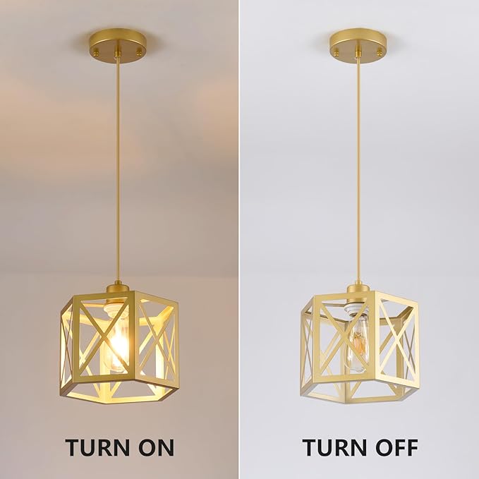 XSDeTu 2 Pack Gold Pendant Lights, Modern Farmhouse Hanging Light Fixture with Hexagonal Cage, Vintage Brass Metal Ceiling Lights, Adjustable Lantern Pendant Lighting for Kitchen Island Sink Hallway