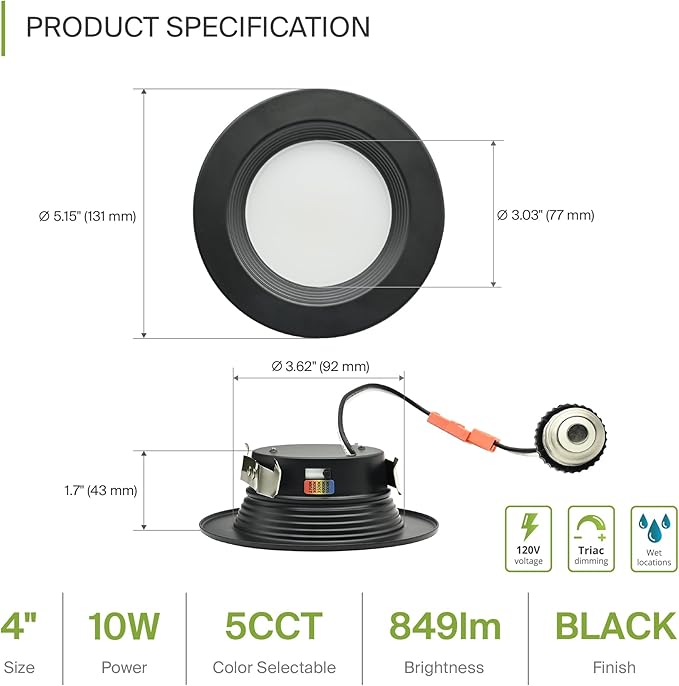 ASD 6 Pack Black 4 Inch Retrofit LED Recessed Light - 10W 2700K-5000K 849LM Retrofit LED Recessed Lighting 4 Inch, Dimmable Black Recessed Lights, Wet Rated Baffle Trim Can Lights, ETL, Energy Star
