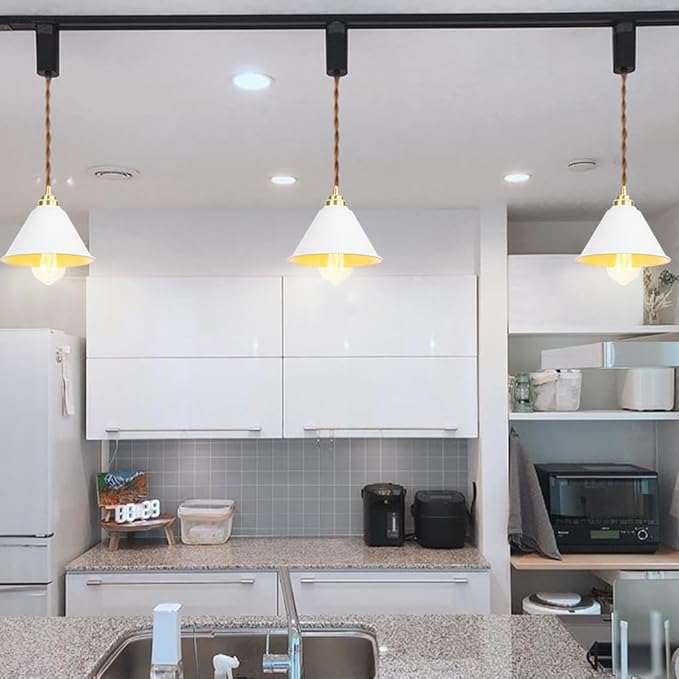 3.2 Ft Adjustable Cord H-Type Track Pendant Brass & White Shade Hanging Light Vintage Design for Kitchen Office Stairs Set of 3(No Bulb, Track)