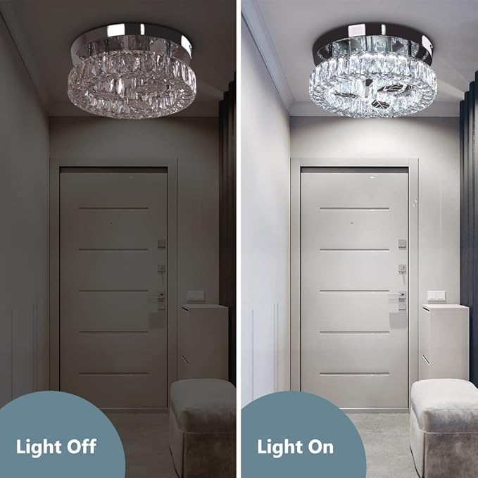 Finktonglan Crystal Flush Mount LED Ceiling Light, 11.6" Round Modern Flush Mount Ceiling Light, 30W 6500K Cool White, K9 Crystal & Stainless Steel, Non-Dimmable
