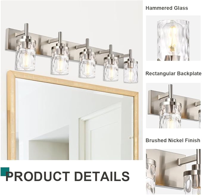 Bathroom Vanity Lighting Fixtures 5 Lights,Brushed Nickel Bathroom Vanity Lights with Clear Hammered Shade Wall Sconce Lighting Modern Farmhouse Bath Lighting